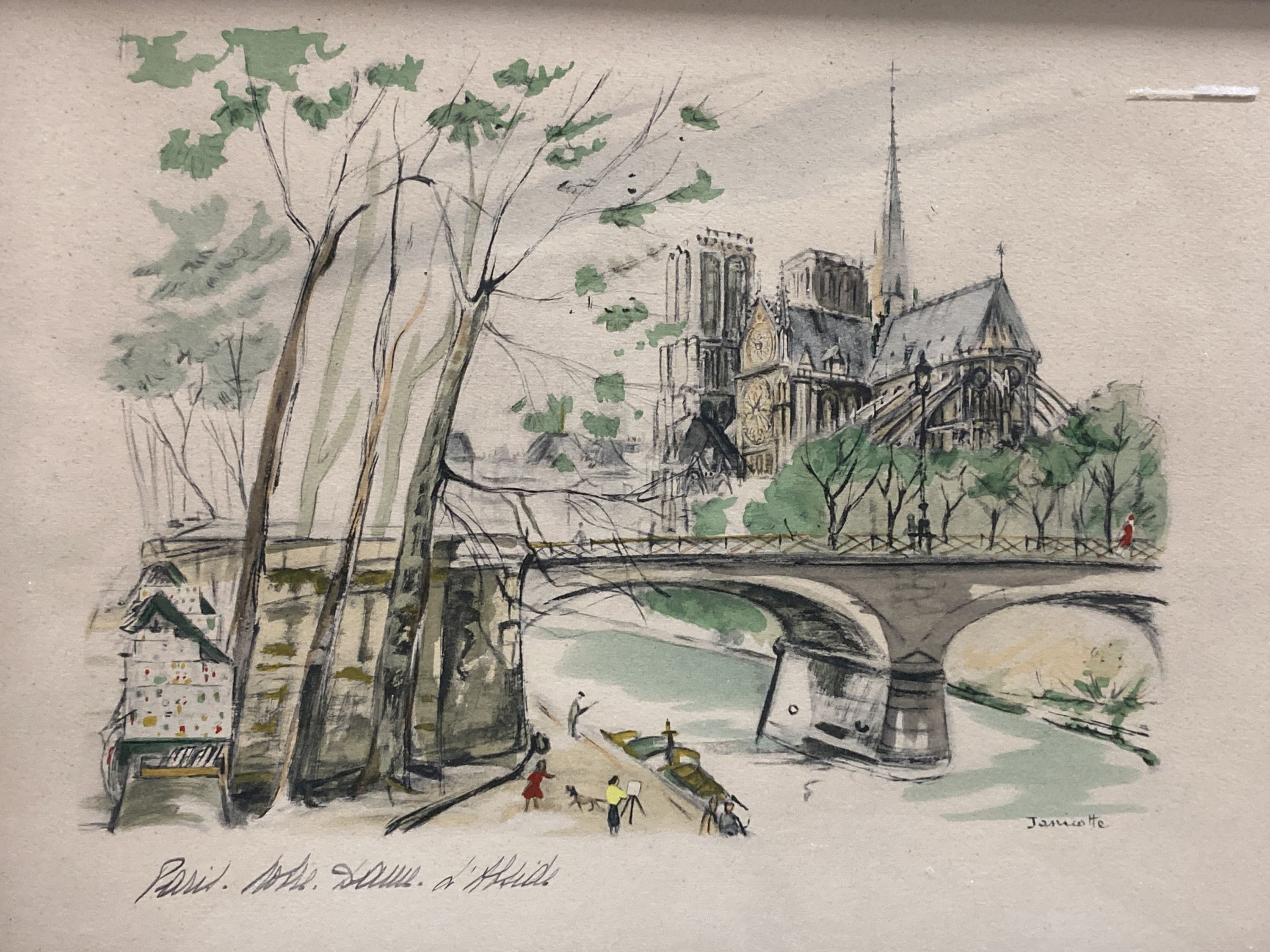 A pair of 1950s French colour lithographs, Views along The Seine, 27 x 37cm